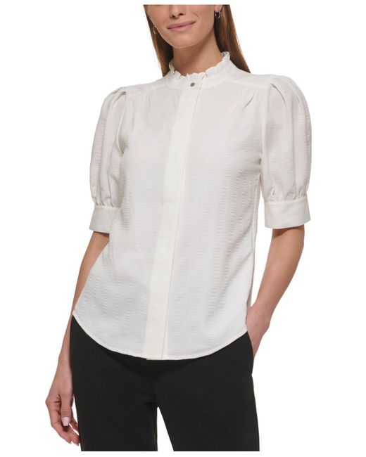 DKNY Petite Solid Ruffled Mockneck Elbowsleeve Blouse in White Lyst