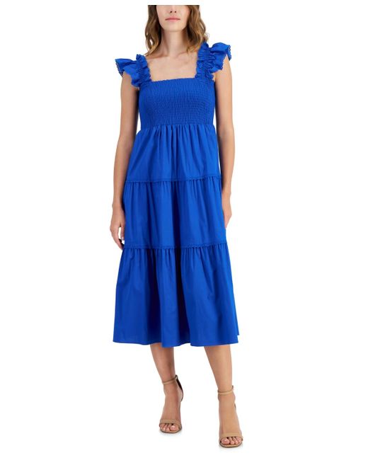 Anne Klein Blue Smocked Ruffle-sleeve Tiered Dress