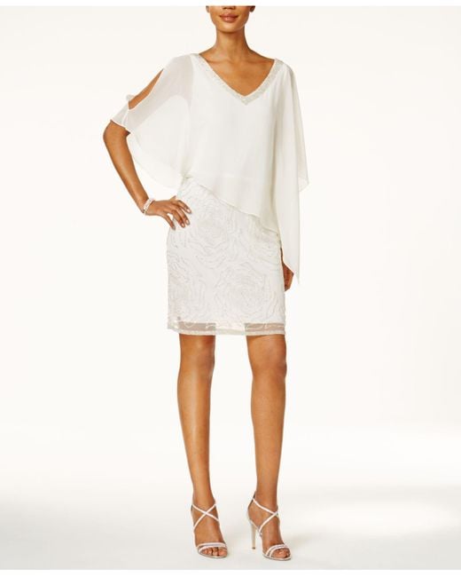 J Kara White Embellished Split-sleeve Chiffon Overlay Dress
