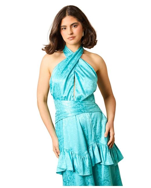 Oasis Blue Halterneck Satin Jacquard Midi Dress