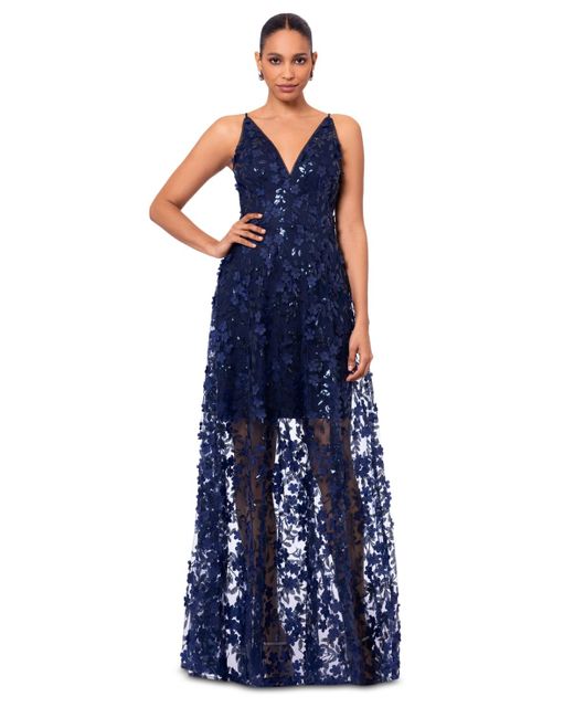 Xscape Blue 3d Floral-applique Sequined Gown