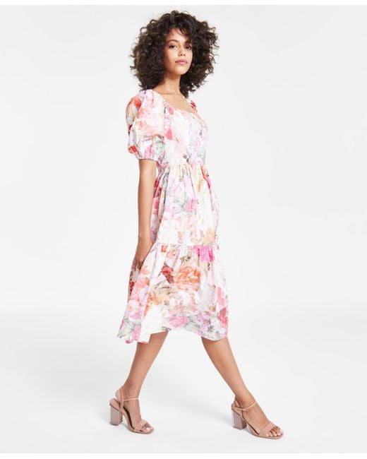 Vince Camuto Pink Printed Cotton Square-neck Puff-sleeve Dress