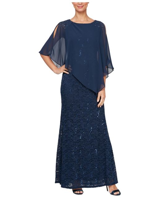 Sl Fashions Blue Sequin Lace Chiffon Caplet Gown