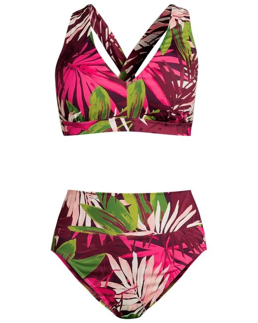 Lands' End Pink Plus Size V-neck Bikini And High Waisted Bottom Swimsuit Set