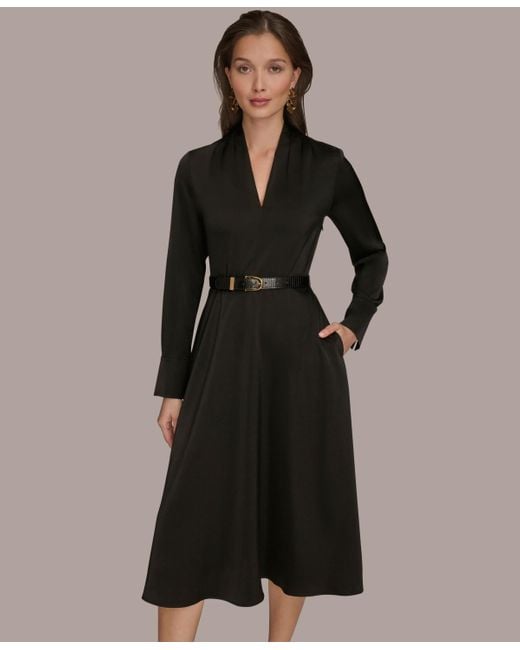Donna Karan Black Satin V-neck Belted A-line Midi Dress