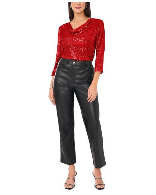Vince Camuto Red Sequined Cowlneck 3/4-sleeve Top