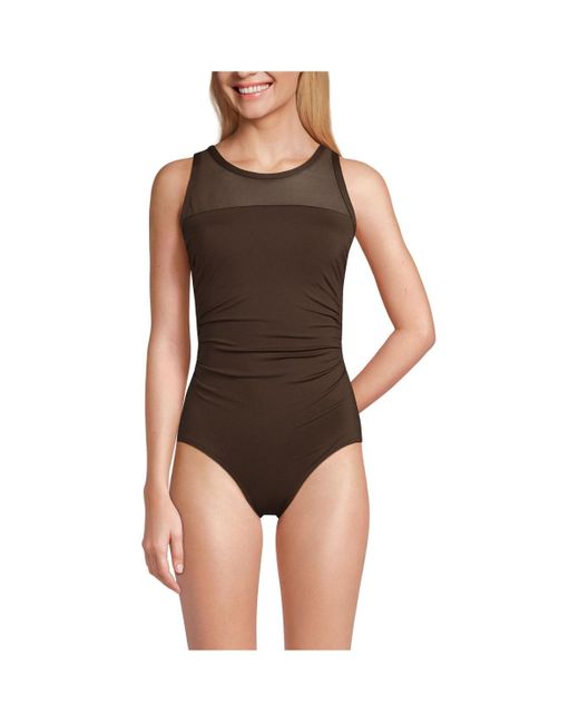 Lands' End Multicolor Chlorine Resistant Smoothing Control Mesh High Neck One Piece Swimsuit