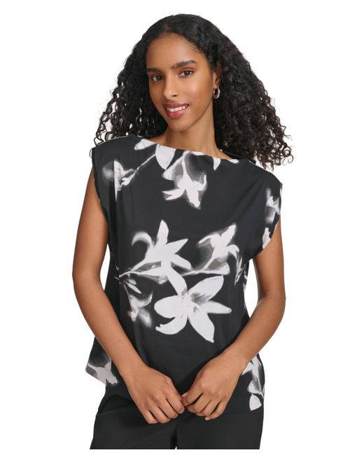 Calvin Klein Gray Floral-print Boat-neck Sleeveless Top