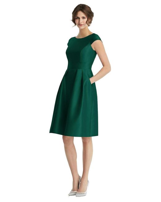 Alfred Sung Green Cap Sleeve Pleated Cocktail Dress