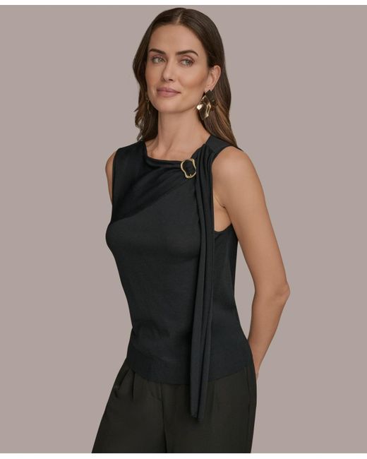 Donna Karan Black Sleeveless Drape-front Top