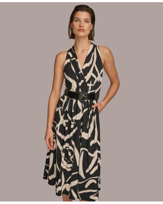 Donna Karan Black Printed Belted A-line Dress