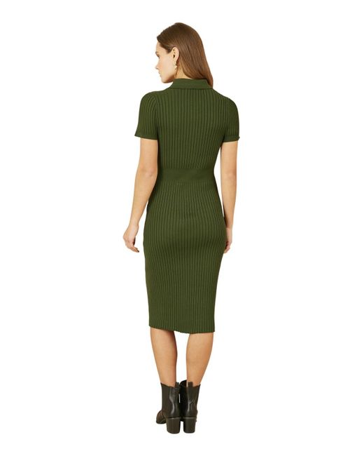 Yumi' Women's Green Fitted Rib Knitted Midi Dress