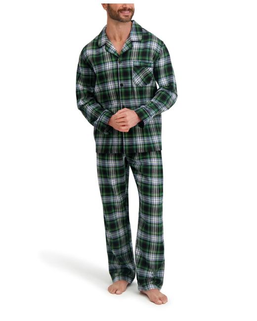 Hanes Green Flannel Button Down Pajama Sleep Set for men