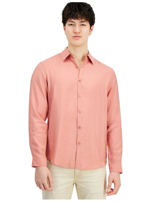 INC International Concepts Pink Dash Long-sleeve Button Front Crinkle Shirt for men