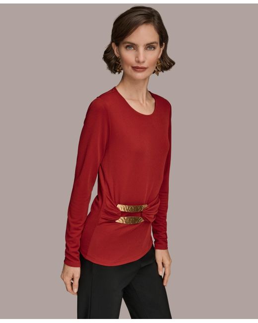 Donna Karan Red Long Sleeve Double Bar Hardware Top