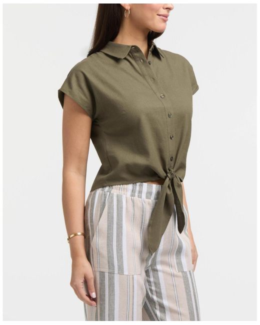 Ellen Tracy Green Linen Blend Sleeveless Tie Hem Button Down Top