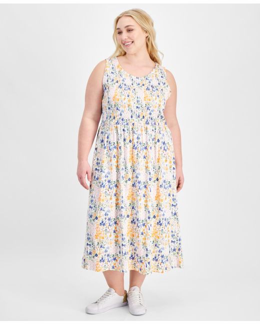 Tommy Hilfiger White Plus Size Smocked-bodice Floral-print Dress