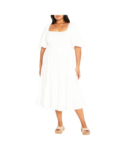 City Chic White Ariella Puff Sleeve Tier Dress