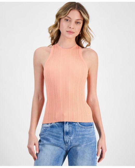 HUGO Blue Crewneck Ribbed Knit Sleeveless Top