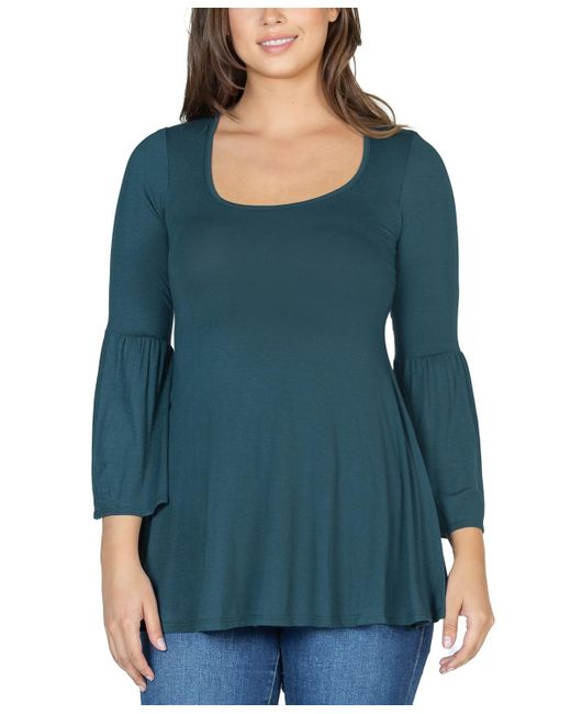 24seven Comfort Apparel Blue Bell Sleeve Flared Tunic Top