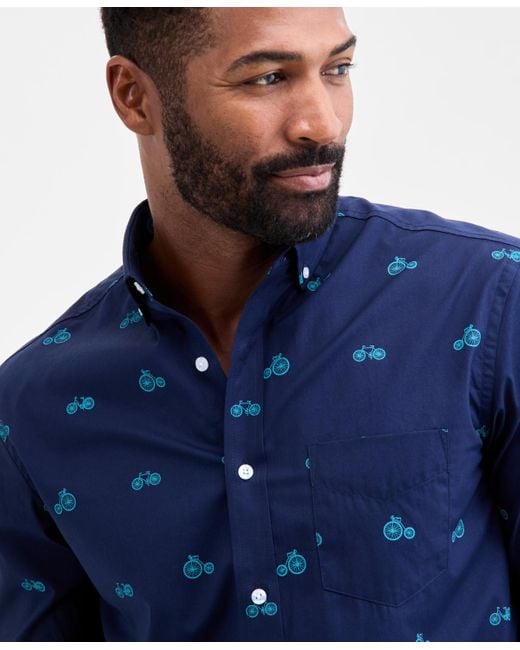 Club Room Blue Long Sleeve Bicycle Print Button-down Shirt for men