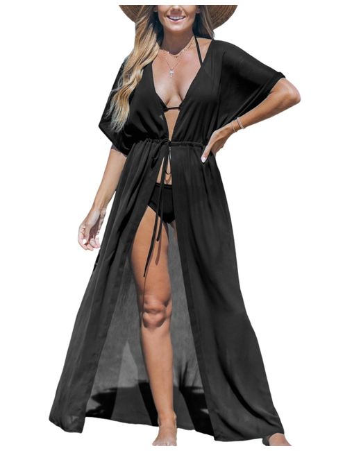 CUPSHE Black Lace Up Front Longline Hem Maxi Cover Up