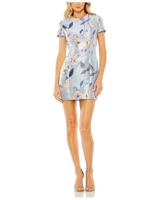 Mac Duggal Blue Short Sleeve Fitted Floral Mini Dress