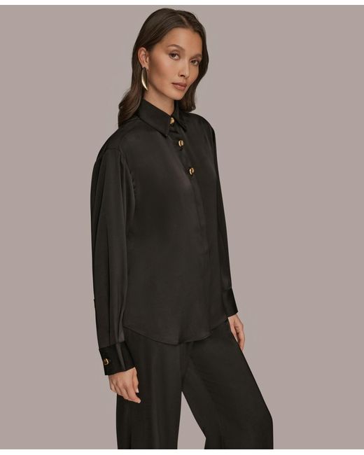 Donna Karan Gray Silk Collared Long Sleeve Button Down Top