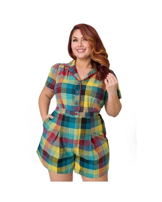 Unique Vintage Blue Plus Size Button Front Romper