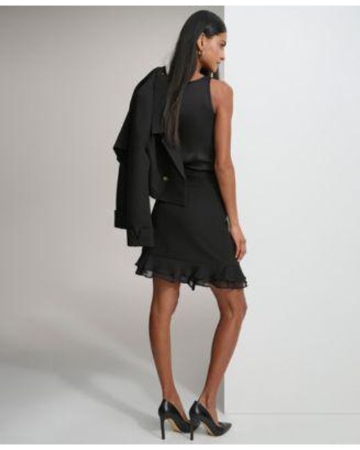 Karl Lagerfeld Black Double Breasted Cropped Blazer Jacquard Scoop Neck Tank Top Button Trimmed Ruffled Hem Skirt