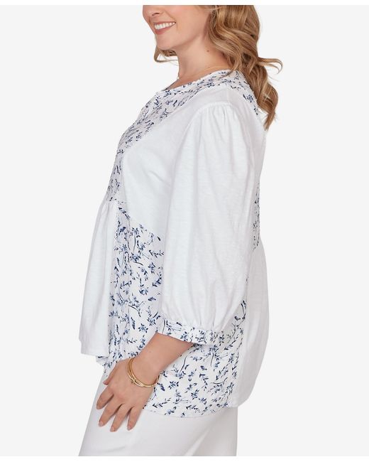 Ruby Rd White Plus Size Mixed Fabric Sharkbite Knit Top