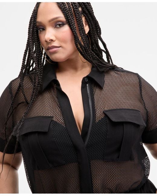 Nina Parker Black Trendy Plus Size Mesh Utility Romper