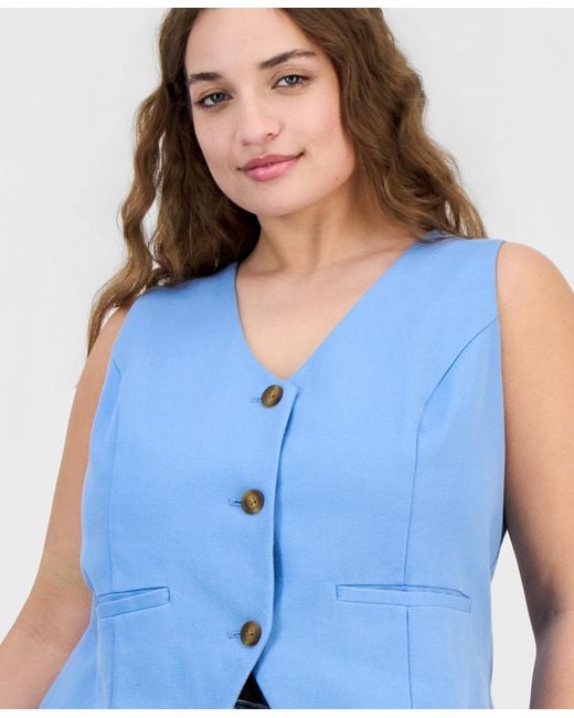 On 34th Blue Plus Size V-neck Button-front Vest Jacket