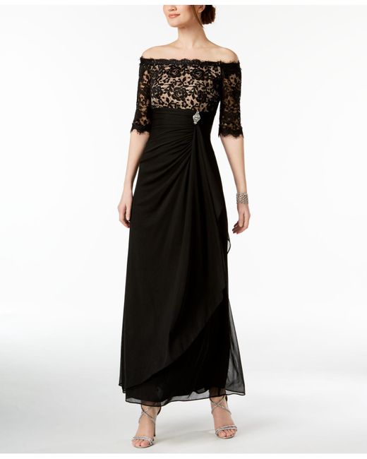 Betsy & Adam Black Petite Ruched Off-the-shoulder Gown