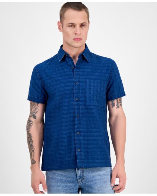 Sun & Stone Blue Sun + Stone Short Sleeve Striped Denim Button-front Shirt for men