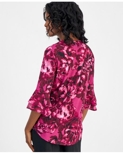 Kasper Red Petite Split Neck Flutter-sleeve Blouse