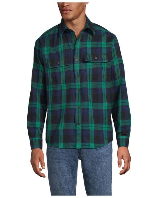 Lands' End Men's Green Long Sleeve Raindefense Flannel Shirt