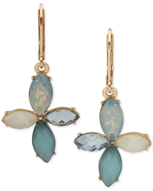 Anne Klein Metallic Gold-tone Tonal Stone & Mother-of-pearl Flower Drop Earrings