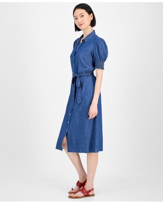 Tommy Hilfiger Blue Chambray Puff-sleeve Midi Dress