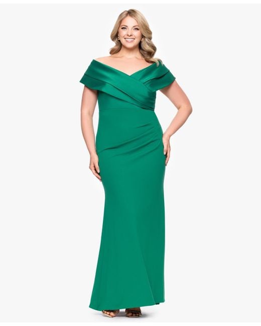Betsy & Adam Green Plus Size Mixed-material Off-the-shoulder Gown