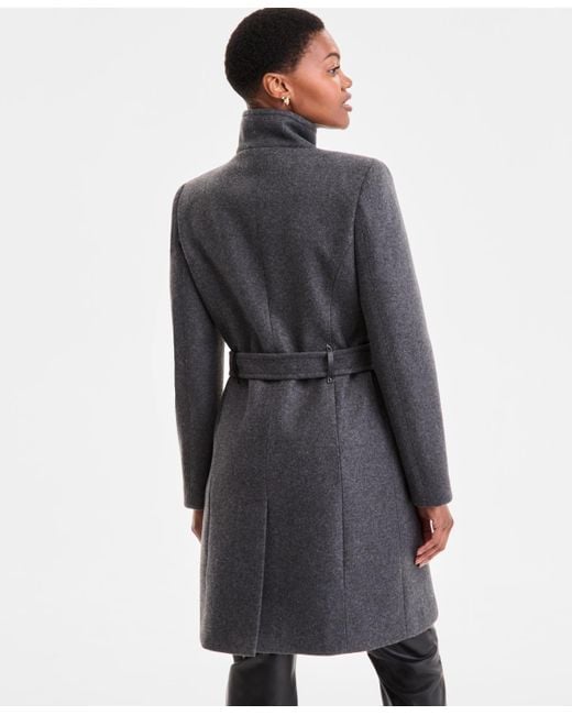 DKNY Gray Asymmetric Front-zip Belted Coat