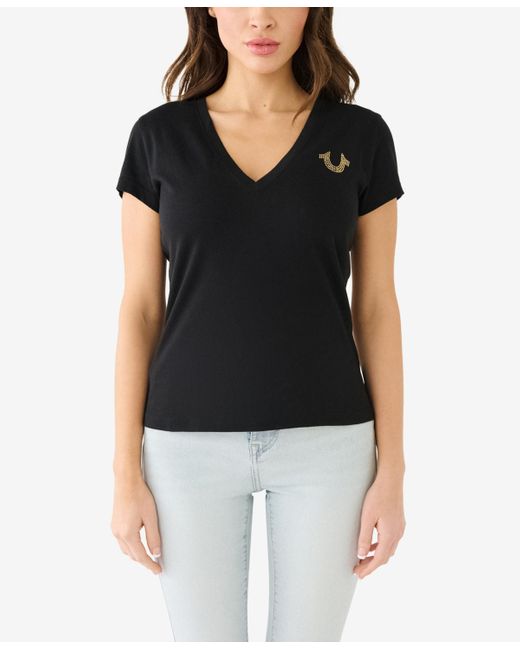 True Religion Black Shorts Sleeve Ombre Crystal Horseshoe V-neck T-shirt