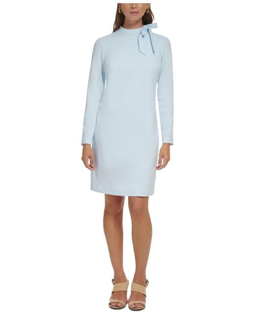 Calvin Klein Long-sleeved Tie-neck Scuba Crepe Sheath Dress in Blue | Lyst