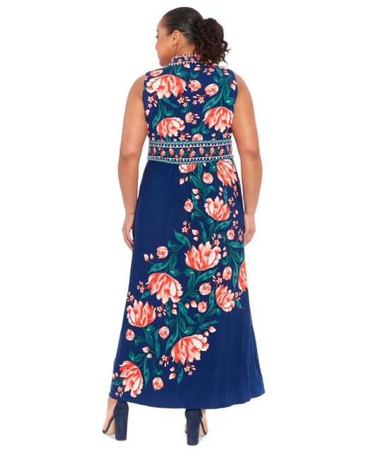 London Times Blue Plus Size Floral Sleeveless Maxi Dress