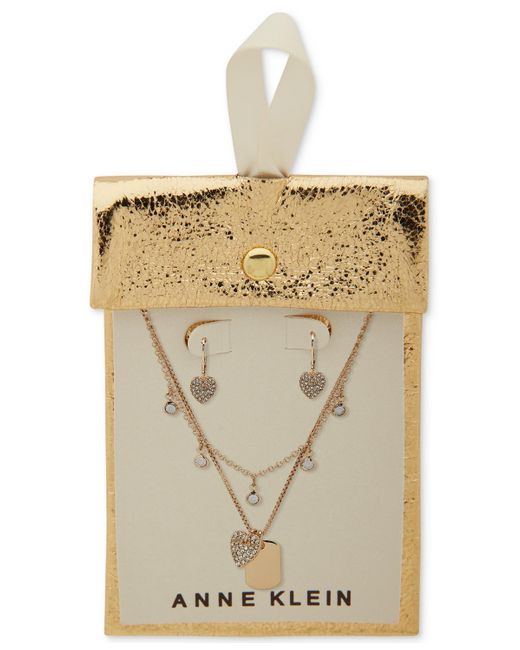 Anne Klein Metallic Gold-tone Heart Charm Drop Earrings & Two-row Necklace Set