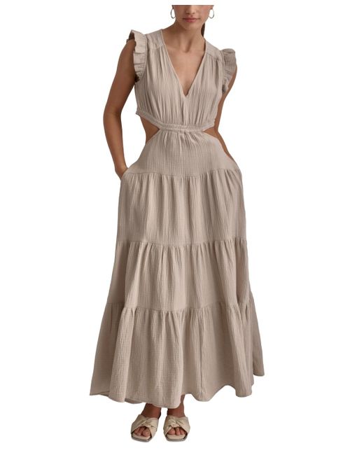 DKNY Brown Cotton Gauze Cutout Maxi Dress