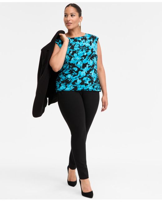 INC International Concepts Blue Plus Size Printed Boat Neck Cap Sleeve Top