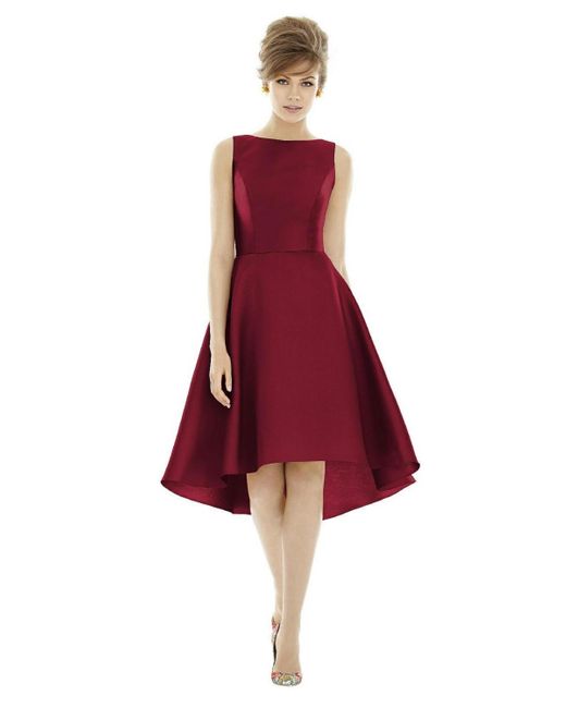 Alfred Sung Red Bateau Neck Satin High Low Cocktail Dress