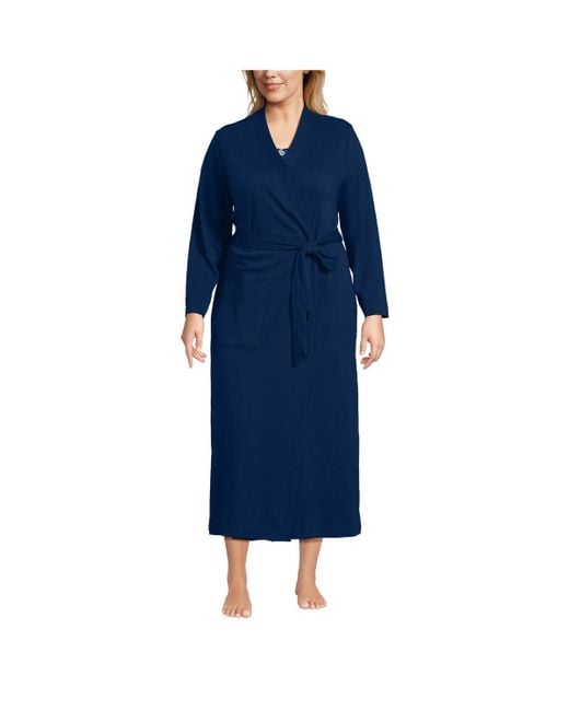Lands' End Blue Plus Size Cotton Long Sleeve Midcalf Robe