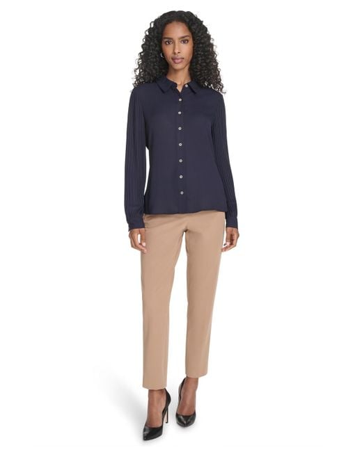 Tommy Hilfiger Blue Pleated Sleeve Button Up Blouse